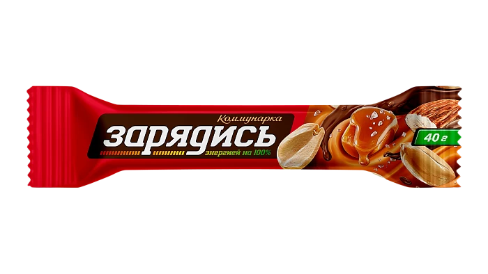 Конфеты глазированные «Батончик ЗАРЯДИСЬ» с соленой карамелью, арахисом, миндалем и фундуком в молочном шоколаде, 40г